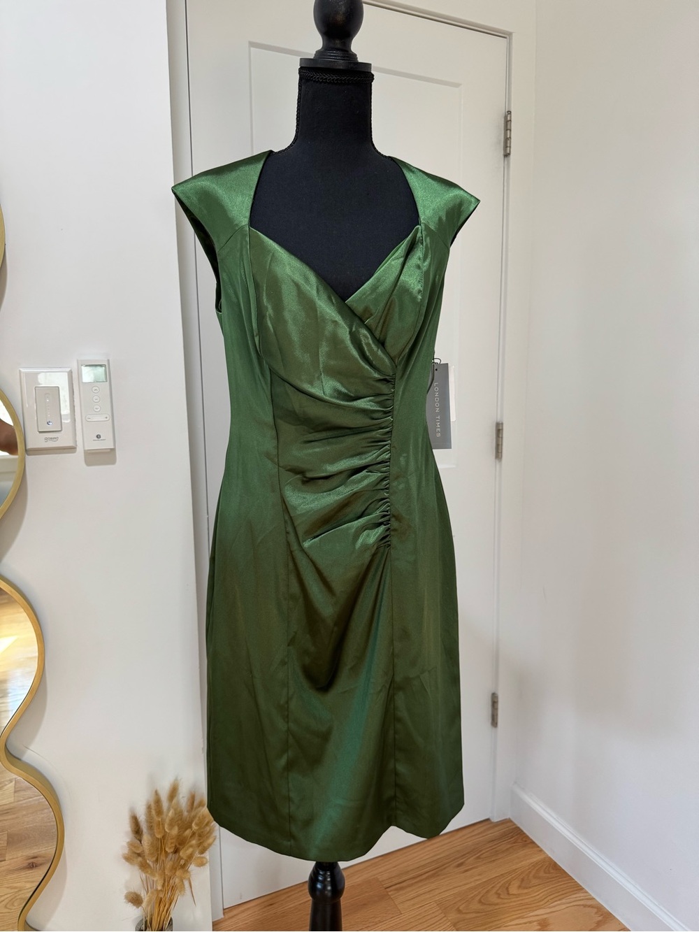 London Times Olive Green Satin Ruched Midi Dress NWT Size 8
